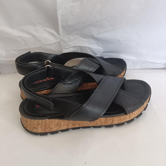 𝅺Prada Platform Wedge Leather criss cross leather sandals size 36.5 - Picture 3 of 14